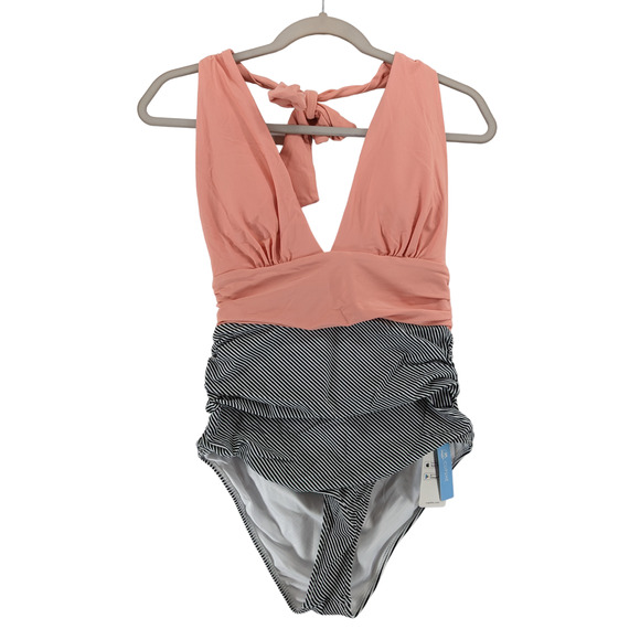 Cupshe One Piece Swimsuit M Pink Halter Plunging Neck Ruched Striped Bottom Swim - Picture 1 of 11